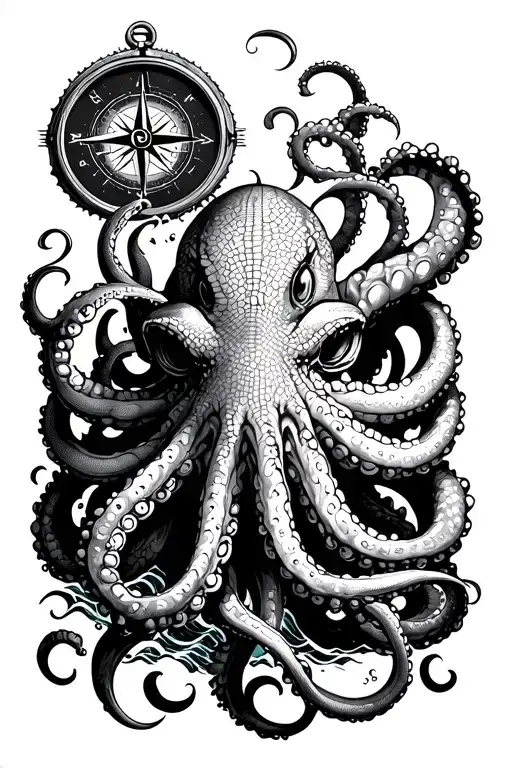 Angry Kracken Octopus In Ocean With Nautical Compass In Middle With Tentacles Out Wide With Waves