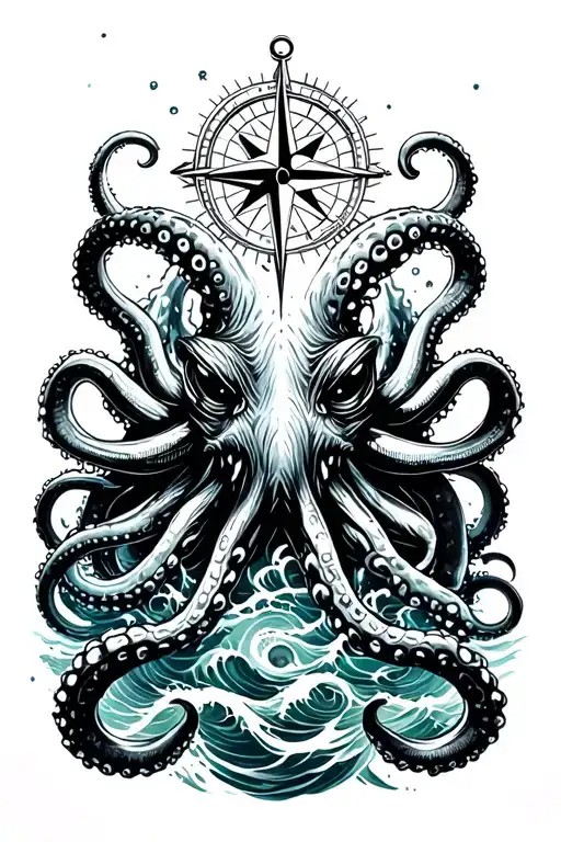 Angry Kracken Octopus In Ocean With Nautical Compass In Middle With Tentacles Out Wide With Waves
