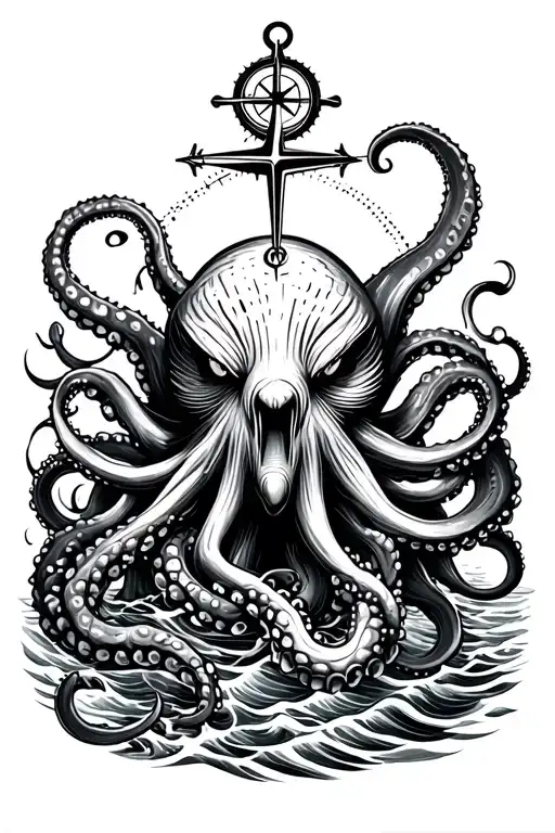 Angry Kracken Octopus In Ocean With Nautical Compass In Middle With Tentacles Out Wide With Waves