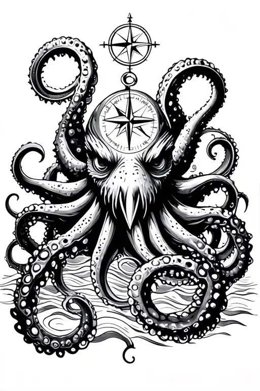 Angry Kracken Octopus In Ocean With Nautical Compass In Middle With Tentacles Out Wide With Waves