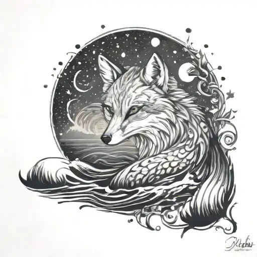 River Flow Stars Moon Fox