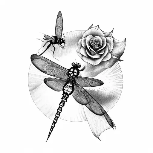 Rose And Flying Dragonfly