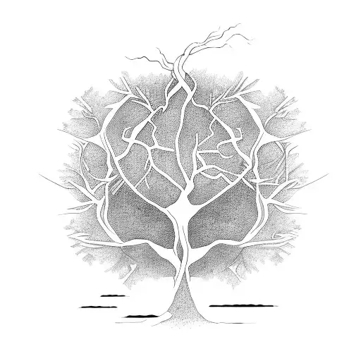 A Minimalist Tattoo Of A Tree Of Life With Roots Spreading Into A World Map