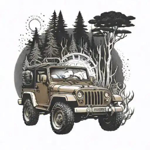 A Jeep Driving Through A Forest Filled With Magical Wiccan Symbols