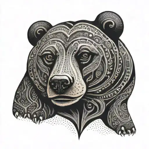 An Elegant Tattoo Of A Malaysian Sun Bear Adorned With Tribal Patterns And Symbols