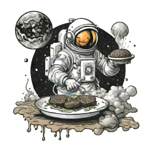 A Futuristic Astronaut Cooking A Hamburger On A Planet Surface