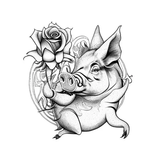 Pig With A Dragon And Roses