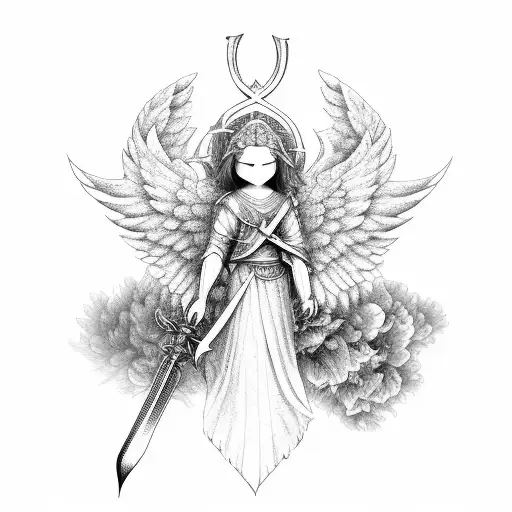 Guardian Angel With Sword Wings Flowers Clouds