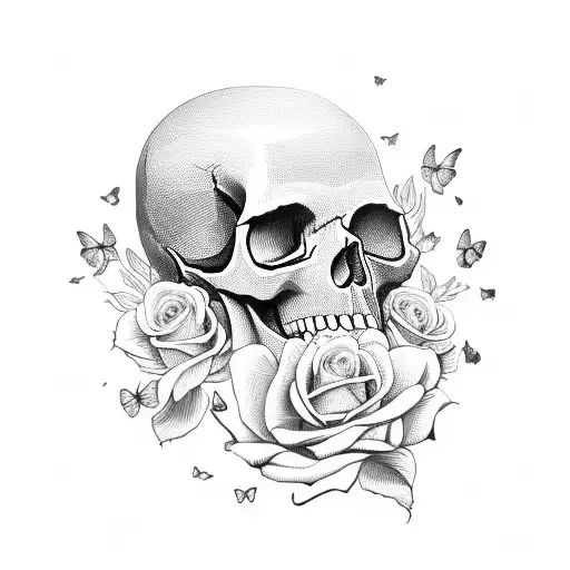 Skull And Roses And Girls Eye And Butterfly