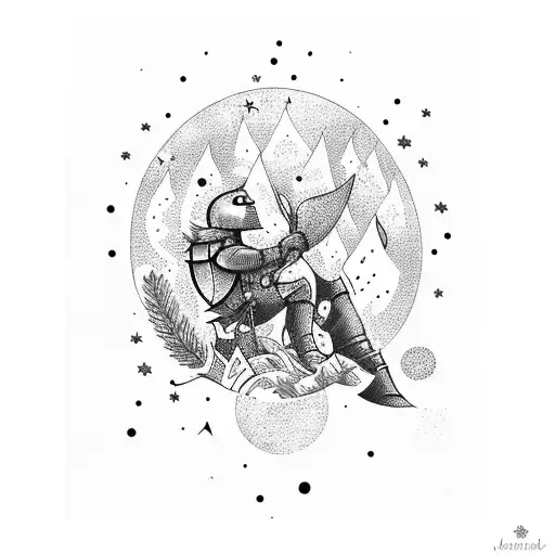 Knight Sitting At Bonfire In Front Of Dark Forest With A Starry Sky