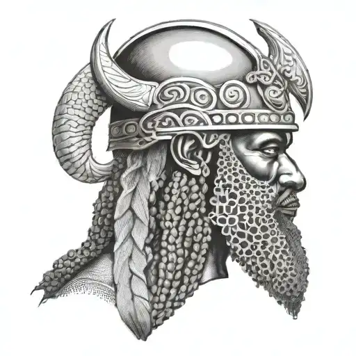 African Man With Long Beard Wearing A Viking Helmet