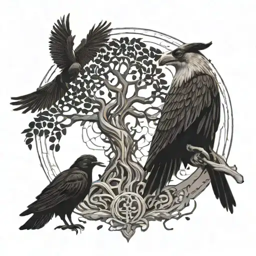 Odin Infront Of Yggdrasil With Two Crows And Norse Symbols Aroung Him Tattoo