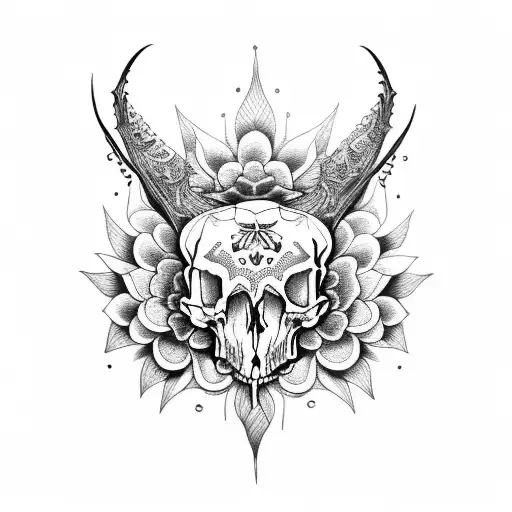 A Dotwork Tattoo Of A Gothic-inspired Animal Skull With Intricate Floral Patterns Tattoo