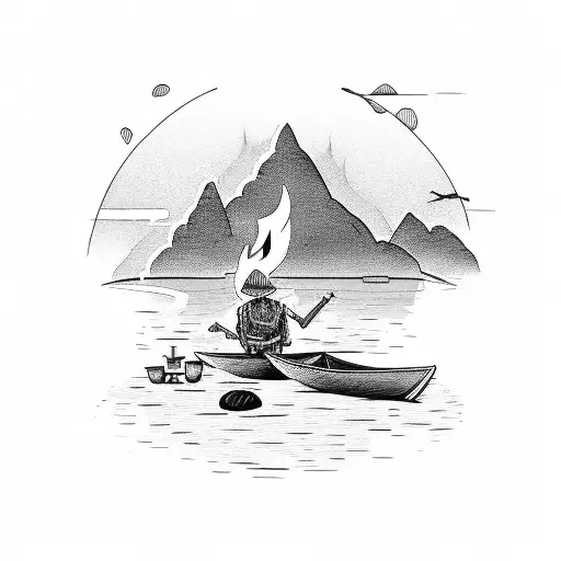 A Beach Camping Scene With A Camp Fire And A Skeletal Fisherman In A Boat Tattoo