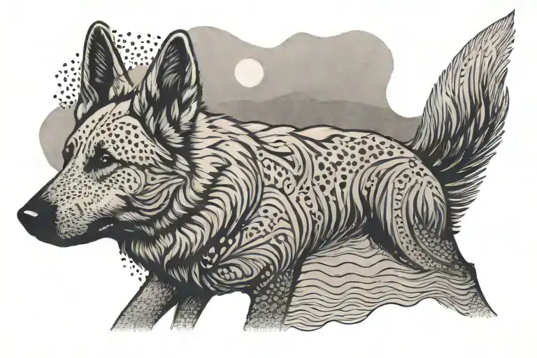 White German Shepherd Silhouette On Beach Tattoo