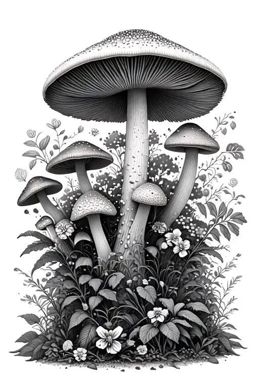 Mushroom Forest With Plants And Flowers