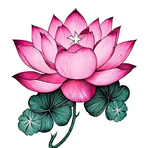 Pink Lotus Flower With 4-Leaf Clover Intertwined With 2 Hanging Stars