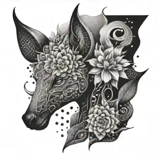 A Dotwork Tattoo Featuring A Flower And Animal Hybrid Creature In A Surreal And Abstract Style