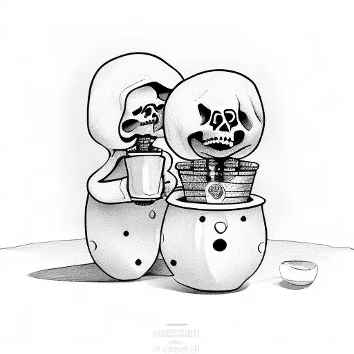 An Skelleton Holding A Beer Sitting Next To His Human Child Friend