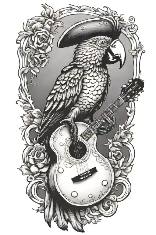 Parrot Pirate Hat Perched On Guitar
