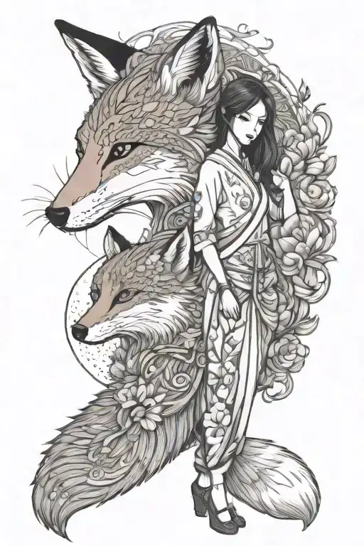 Fox Kitsune With A Girl In A Kimano Stands Near The Beautiful