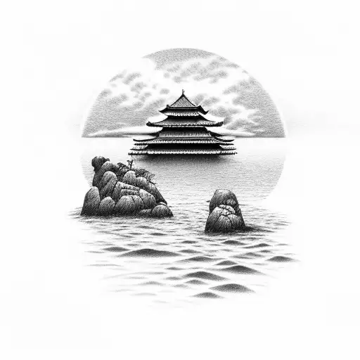 A Serene Seascape With A Lone Samurai Meditating On A Rock
