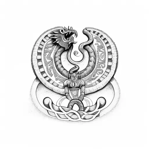 A Mayan Mythological Scene Depicting Quetzalcoatl In Dotwork Style
