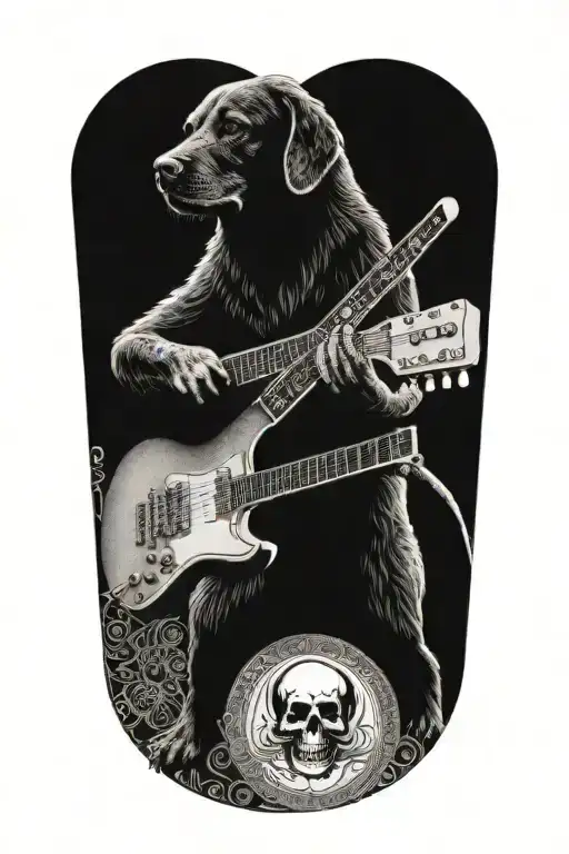 A Dog Playing A Guitar With Grateful Dead Symbols In The Background