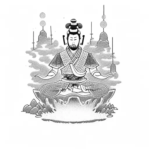 A Dotwork Tattoo Depicting A Samurai Meditating Under A Waterfall