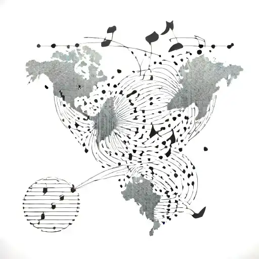 Musical Notes Forming A World Map With Dotted Lines Connecting Different Countries