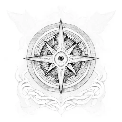 An Intricate Dotwork Tattoo Of The White Tree Of Gondor Intertwined With A Naval Compass
