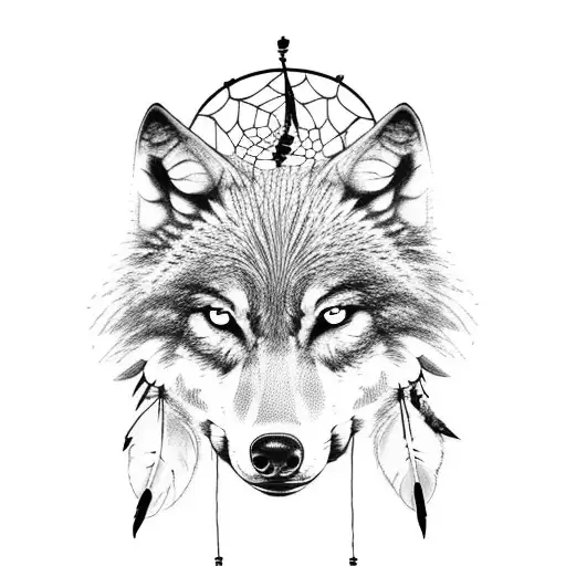 Wolf With Feather And Dream Catcher
