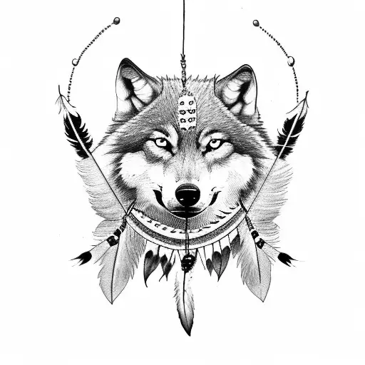 Wolf With Feather And Dream Catcher And A Native American