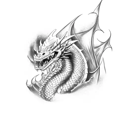 Kickboxer Fighting A Dragon In A Dotwork Style