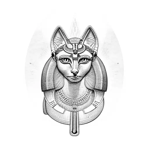 Bastet Holding An Ankh With Egyptian Hieroglyphs In The Background
