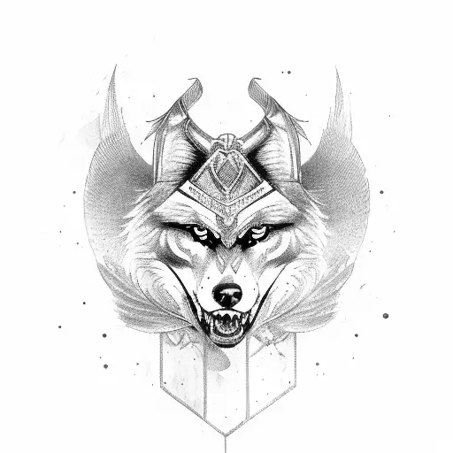 Valkyrie With A Sword And A Sitting Wolf