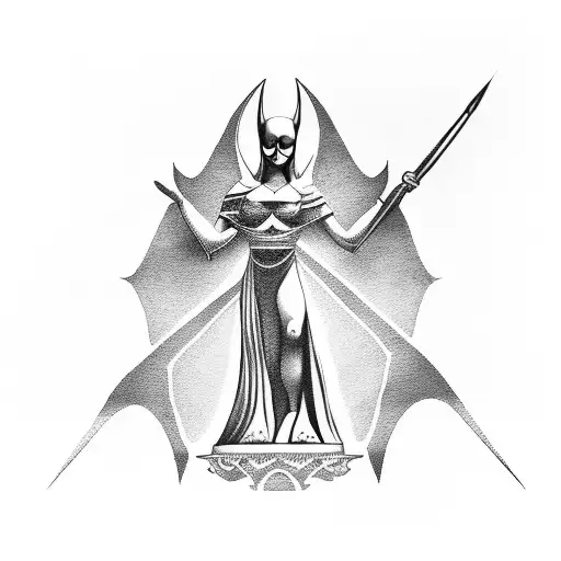 Dotwork Depiction Of Lady Justice With A Batman Symbol On Her Blindfold