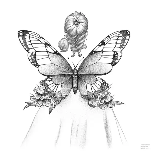 Backside Of A Women Holding Her Daughter Surrounded With Small Butterflies And Flowers