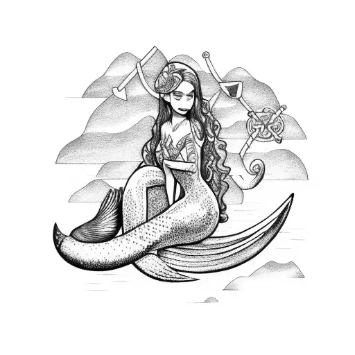 Mermaid Sitting On An Anchor Looking Backwards Holding A Quetzal