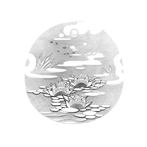 A Tranquil Lake Surrounded By Blooming Lotus Flowers And Dragonflies