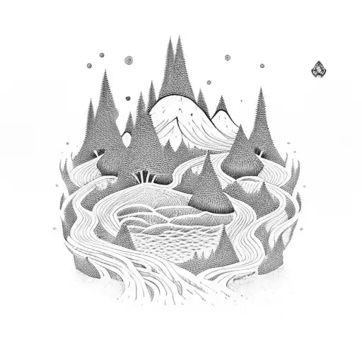 An Intricate Dotwork Design Depicting A Serene Forest With A Winding River Surrounded By Mountains