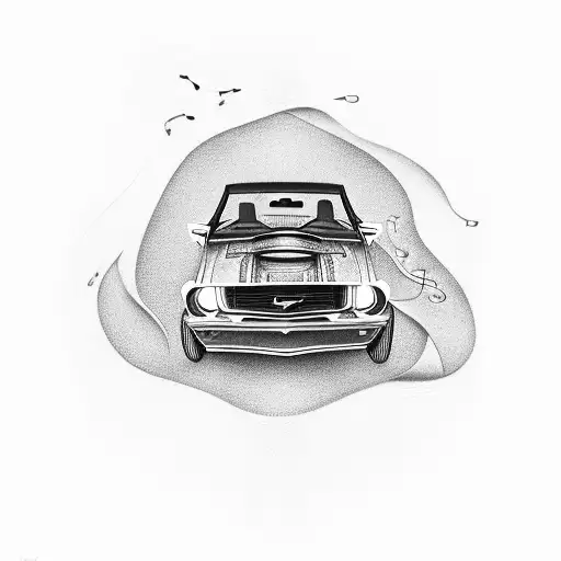 A Cashier Driving A Vintage 2003 Ford Mustang With Music Notes Swirling Around