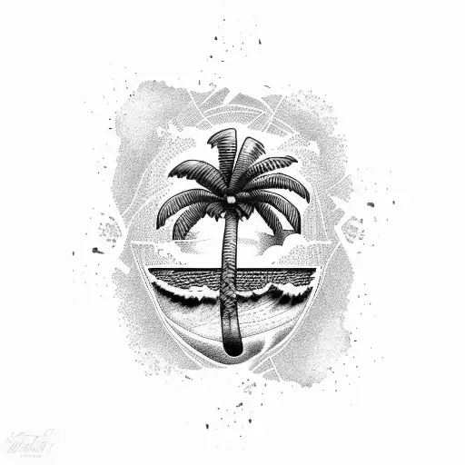 A Dotwork Tattoo Of A Palm Tree On A Tropical Island With Waves Crashing In The Background