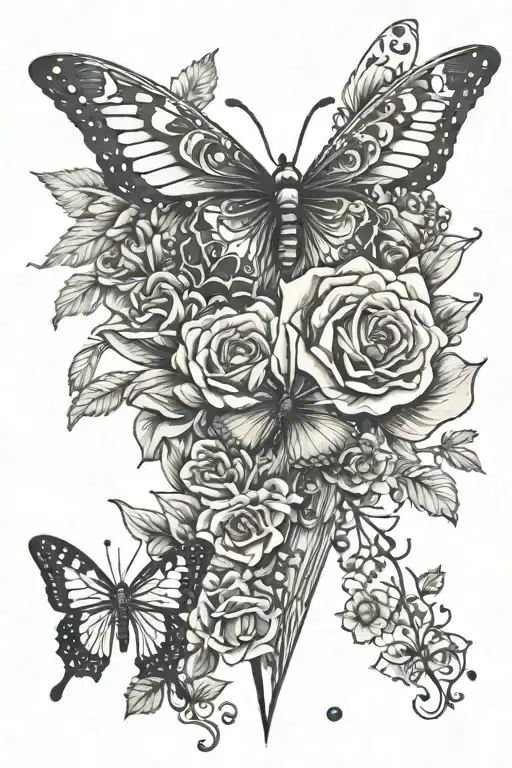 Flowers And Butterfly And Dagger And Skull