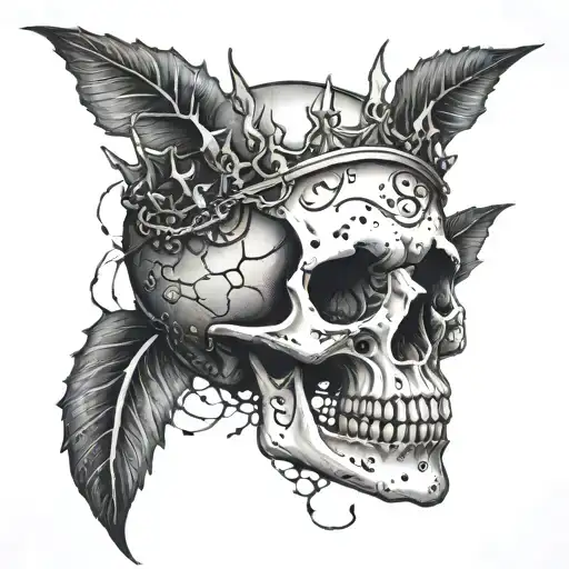 A Tattoo Of A Skull With A Crown Of Thorns And A Halo