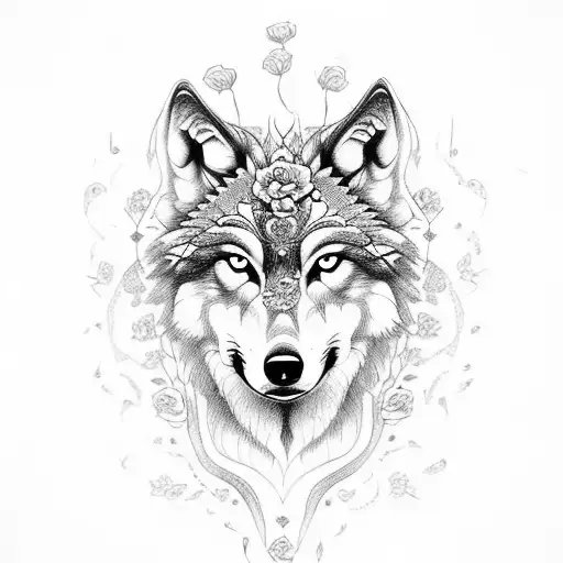 Wolf With Roses And Pattern