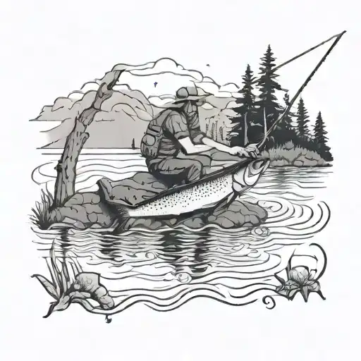 A Dotwork Tattoo Of A Fishing Scene In The Outdoors During Summer