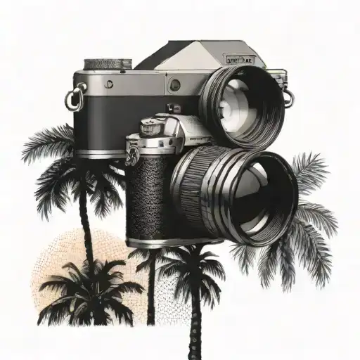 A Palm Tree Landscape With A Camera Lens As The Sun For Photography Lovers