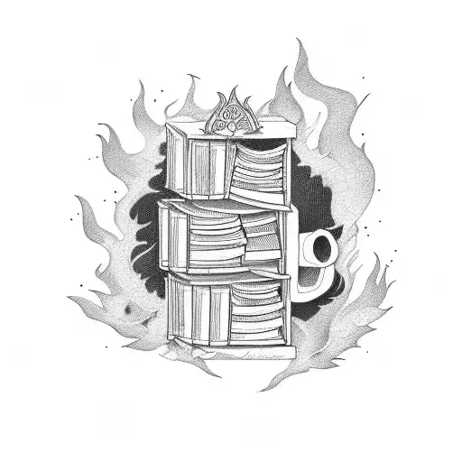 A Bookshelf Engulfed In Flames With A Quote From The Art Of War