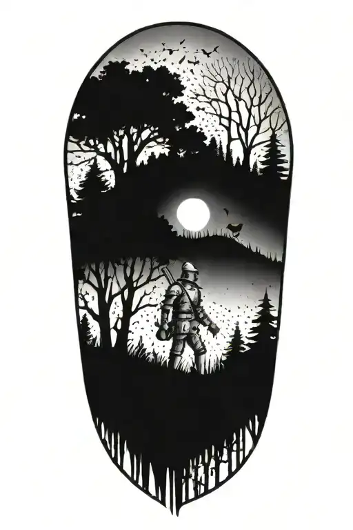 A Tattoo Showcasing A Tin Man Working In A Forest Filled With Crows